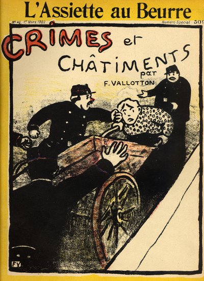 A costermonger is assaulted by the police, from the front cover of Crimes and Punishments, special edition of L